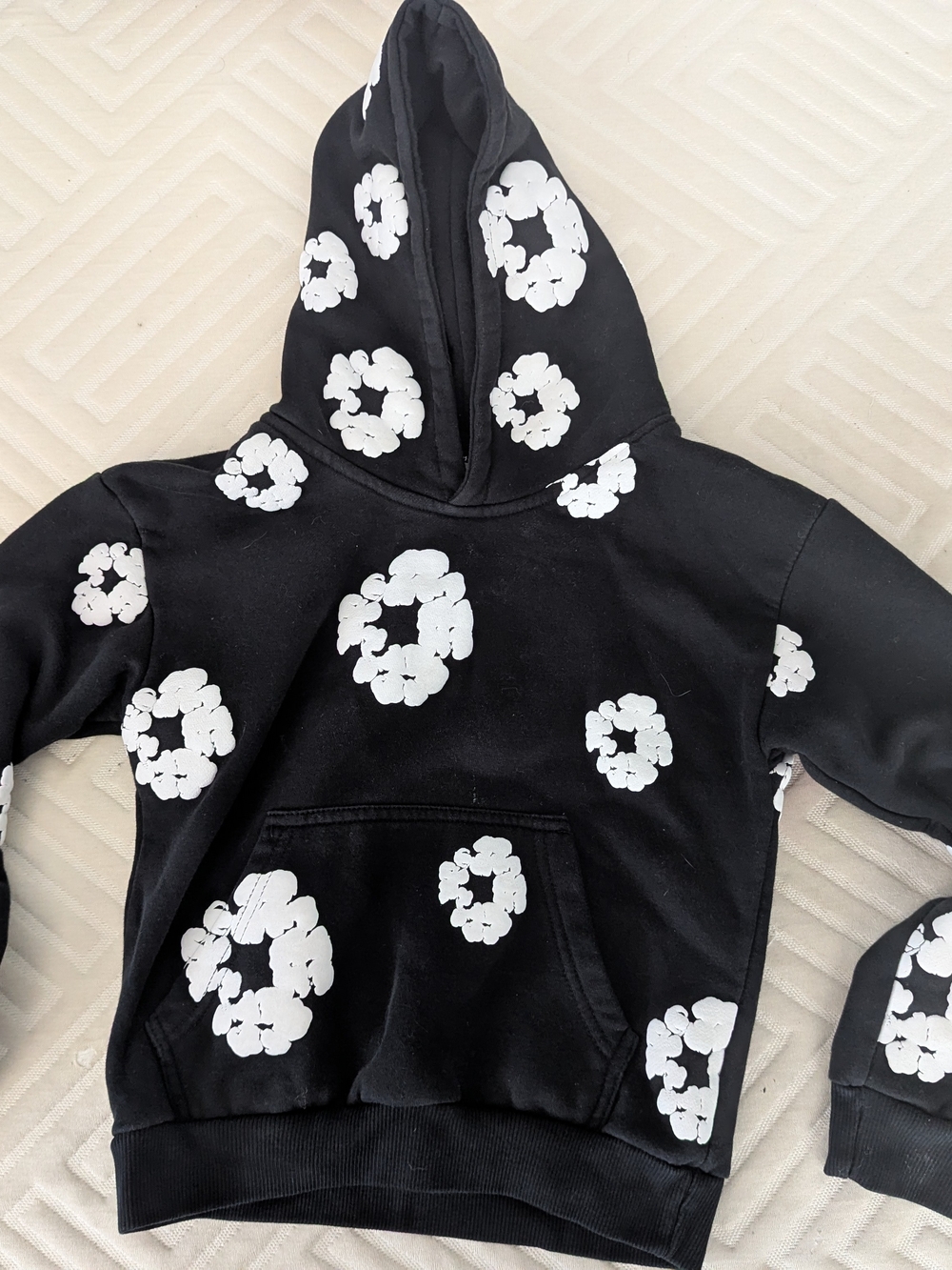 Black Kids Hoodie with White Floral Motif